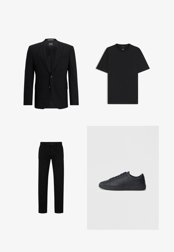 Czarna, jednorzędowa marynarka z gładkiego materiału. Posiada dwa guziki, klapy typu notch oraz dwie przednie kieszenie. Podszewka wewnętrzna.; Czarny t-shirt krótki rękaw wykonany z gładkiej mieszanki bawełny, z okrągłym dekoltem i minimalistycznym designem bez wzorów czy akcentów.; Czarne bawełniane spodnie o prostym kroju, z zapięciem na guziki, paskami do paska oraz minimalistycznym wzornictwem. Gładka tekstura, bez wzorów.; Czarne trampki wykonane z gładkiej skóry, w niskim kroju, z okrągłym noskiem i płaską gumową podeszwą. Posiadają sznurówki oraz dyskretną markę.