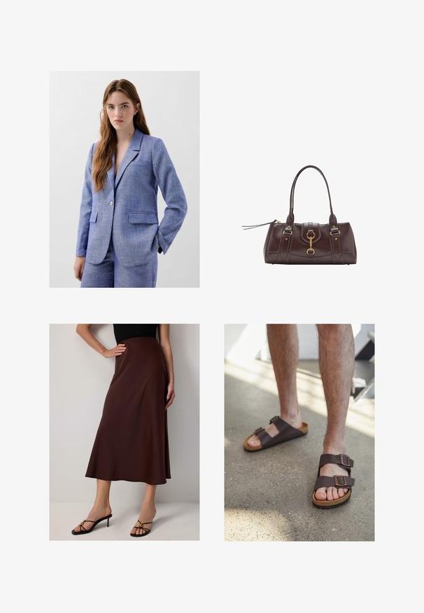 Jasnoniebieska marynarka z teksturowanej tkaniny, z dwiema przednimi kieszeniami, z pojedynczym zapięciem na guzik oraz klapą w kształcie jaskółki. Subtelne plamki w całej powierzchni.; Koronkowy krótki top w kolorze off-white z regulowanymi ramiączkami typu spaghetti, z kwiatowymi wzorami oraz usztywnioną konstrukcją z falbaniastym wykończeniem.; Brąskowa, do kolan satynowa spódnica o rozkloszowanym kroju. Posiada gładką teksturę i wysoki stan, w połączeniu z czarnymi sandałami na obcasie.; Ciemnobrązowe skórzane sandały z dwiema regulowanymi klamrami, korkową wkładką i teksturowaną gumową podeszwą, noszone na bosych stopach na betonowej podłodze.; Ciemnobrązowa skórzana torebka z dwoma górnymi uchwytami, złotymi akcentami metalowymi, detalem z zatrzaskiem z przodu oraz wyszywanymi teksturami po bokach.