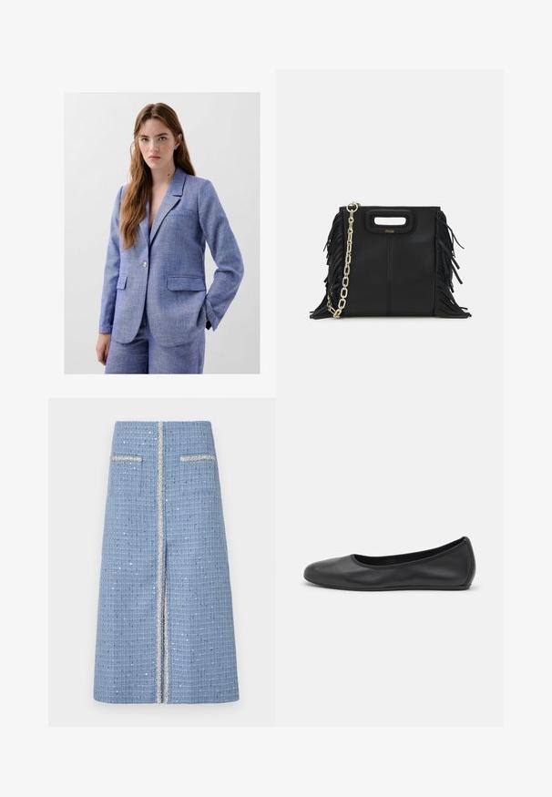 Light blue blazer made of textured fabric with two front pockets, single button closure, and a notched lapel. Subtle speckles throughout.; White knitted tank top with a square neckline, wide shoulder straps, and a relaxed fit, featuring a smooth texture and no patterns.; Blue woven skirt with a textured finish, featuring two front pockets and silver trim along the center and pocket edges.; Black leather ballet flat with a rounded toe, smooth texture, minimal stitching detail, and a flexible sole design.; Black leather handbag with fringe details, gold chain shoulder strap, and a cut-out handle. Features logo placement on the front.
