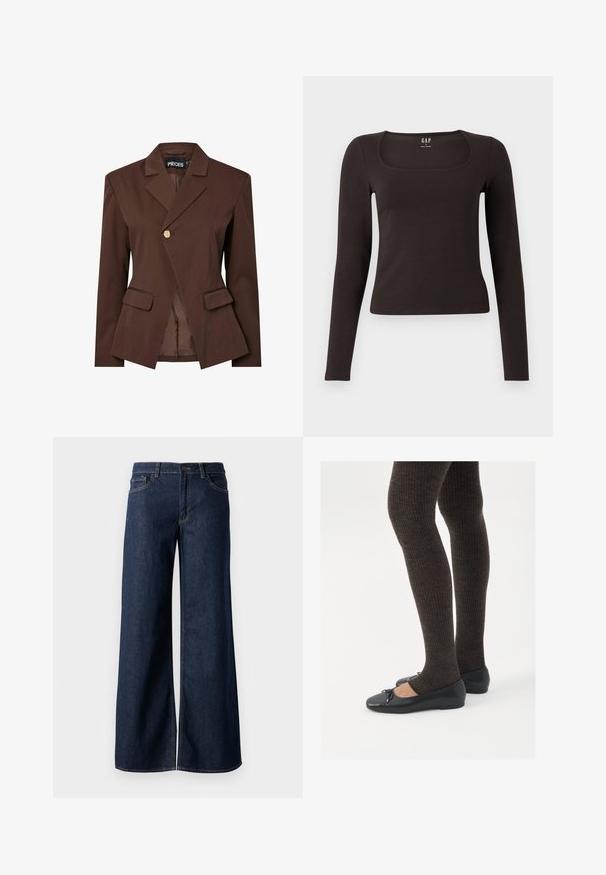 Ruskea räätälöity bleiseri, jossa on yksittäinen kultainen nappikiinnitys, lovitetut kaulukset ja kaksi etutaskua. Silkkinen kangas, jossa on jämäkkä istuvuus.; Musta pitkähihainen, slim fit -paita, jossa on neliömäinen kaula-aukko, merkitty GAP, esillä valkoisella taustalla.; Suorat lahkeet farkut tummansinisestä denimmistä. Ominaisuuksiin kuuluvat kontrastiväriset ompeleet, viisi taskua ja nappisuljenta vyötäröllä. Sileä pinta.; Mustat matalat kengät, joissa on pieni nauha varpaissa, yhdistettynä tummanruskeisiin ribattuisiin sukkahousuihin. Kengissä on sileä pinta ja matala profiili.