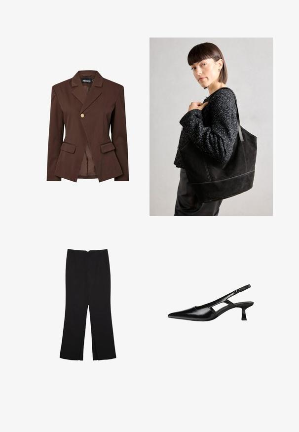 Brun skräddarsydd blazer med en enda guldknappslå, slagkragar och två framfickor. Slät tyg med en strukturerad passform.; Svart linne i bomull, med rund halsringning och breda armhål. Slät yta med sydda fållar. Klassisk, minimalistisk design.; Svarta byxor med rak passform, utrustade med framfickor och sidoklyvningar vid fållen. Tillverkade av mjukt, slätt tyg. Lämpliga för olika tillfällen.; Svart lackläder slingback-klackar med spetsig tå, utskuren sidor och en liten fyrkantig klack. Slät textur med minimala accenter.; Svart mocka tote-väska med en slät textur, strukturerad form och kontrasterande sömmar. Har långa bärremmar för axelbärande.