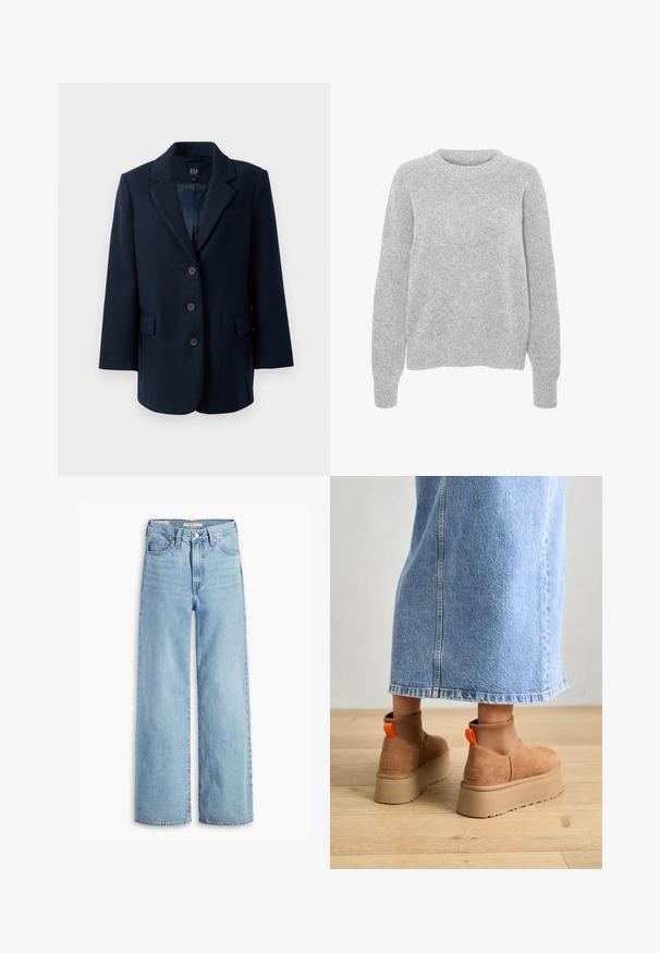 Tumesinise ühe nööbiga bleiser, millel on nurgelised kraed, kolm nööpi, kaks klapiga taskut ja üks rinna Tasku, voodriga seest.; Hallide lõhiku ja ümarate kaelustega hall kudumipusa, millel on pikad varrukad, soonikkoes mansetid ja allaosad. Pusa on pehme tekstuuriga ja mugava lõikega.; Kõrge vöökohaga helesinised laiad püksid, millel on ees nupud ja lukud, vööd ja viie tasku stiil.; Pruunid nahatooted platvormikontsad elastsete külgpaneelidega ja oranžide tõmbetuttidega, koos puusani ulatuva heleda denim-seelikuga puidust põrandal.