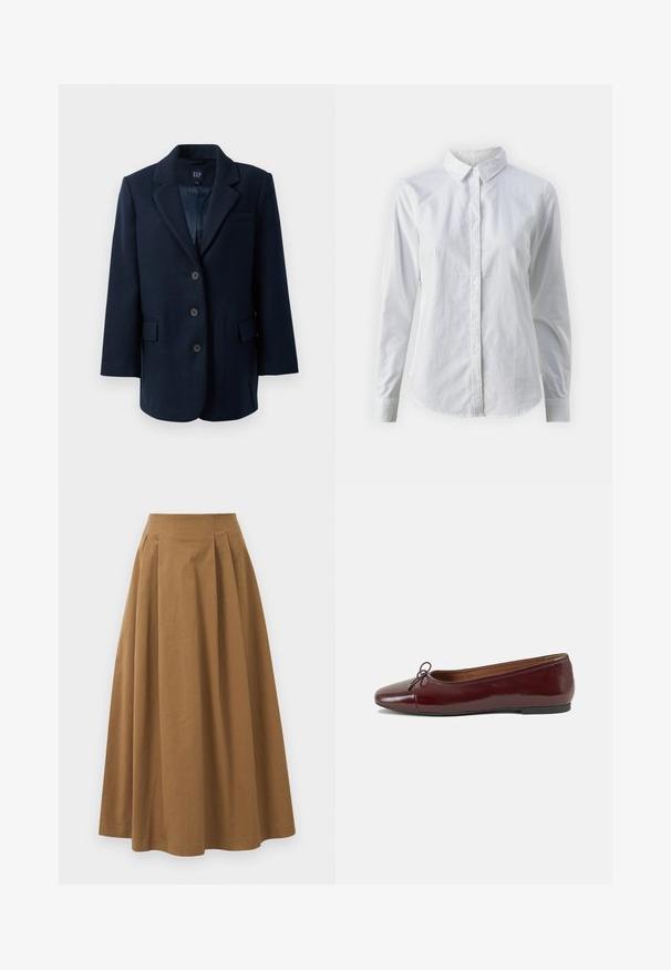 Mornaričasto plavi sako s jednim kopčanjem, reverima s usjekom, tri dugmeta, dva džepa s preklopom i jednim džepom za grudi, podstavljen iznutra.; Bjela košulja na dugih rukava od glatkog pamuka, s klasičnom kragnom i zakrivljenim rubom. Dugmad su mala i bijela.; Smeđa pamučna suknja A kroja s visokim strukom, koja ima nabore sprijeda i glatku teksturu. Završetci donjeg ruba su čisti i jednostavni.; Burgundska lakirana balerinka s zaobljenim vrhom, malim mašnom sprijeda i niskom, crnom gumenom potplatu. Glatka tekstura.