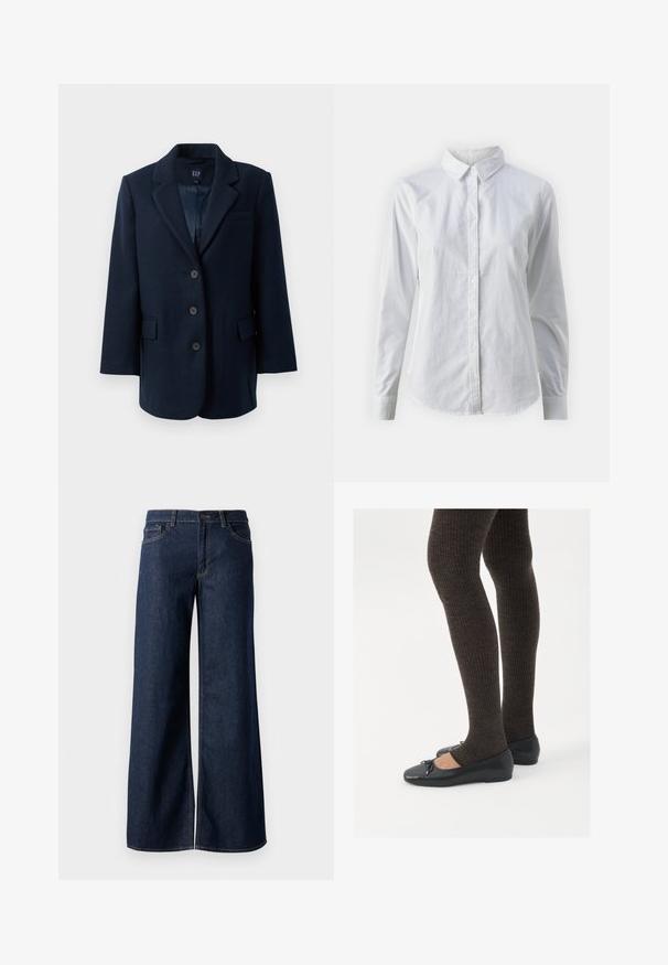 Námořnická modrá jednořadá sako s klopami, třemi knoflíky, dvěma kapsami s klopami a jednou náprsní kapsou, podšité uvnitř.; Bílá košile na knoflíky vyrobená z hladké bavlny, s klasickým límcem, dlouhými rukávy a zakřiveným spodním lemem. Knoflíky jsou malé a bílé.; Džínsy s širokými nohavicemi v tmavě modré barvě. Mají kontrastní švy, pět kapes a zapínání na knoflík v pase. Hladká textura.; Černé ploché boty s malou mašlí na špičce, kombinované s tmavě hnědými žebrovanými punčochami. Boty mají hladký povrch a nízký profil.