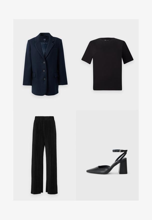 Marineblå ensfarget blazer med jakkeslag, tre knapper, to belglommer og en brystlomme, foret inni.; Svart t-skjorte med korte ermer og rund hals, laget av mykt bomullsstoff. Enkelt design, ingen synlige logoer eller mønstre.; Sorte plisserte bukser med elastisk midje. Har vide ben og et glatt, strukturert stoff med vertikale striper.; Svart lær pumps med spiss tå, ankelrem og kraftig hæl. Flat tekstur, strømlinjeformet design og minimalisme.