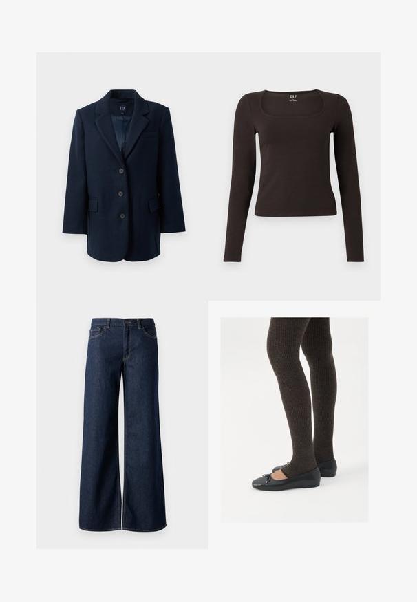 Tumesinise ühe nööbiga bleiser, millel on nurgelised kraed, kolm nööpi, kaks klapiga taskut ja üks rinna Tasku, voodriga seest.; Must musta, sobiv ülikond, neljakandiline kaelus, sildiga GAP, valge tausta peal.; Laiad teksad tumesinises denimis. Omab kontrastõmblusi, viit taskut ja nupukinnitust vööl. Sile tekstuur.; Mustad mustad kingad väikese teksaga varvaste juures, koos tumedate pruunide ribakangastega. Kingadel on sile tekstuur ja madal profiil.