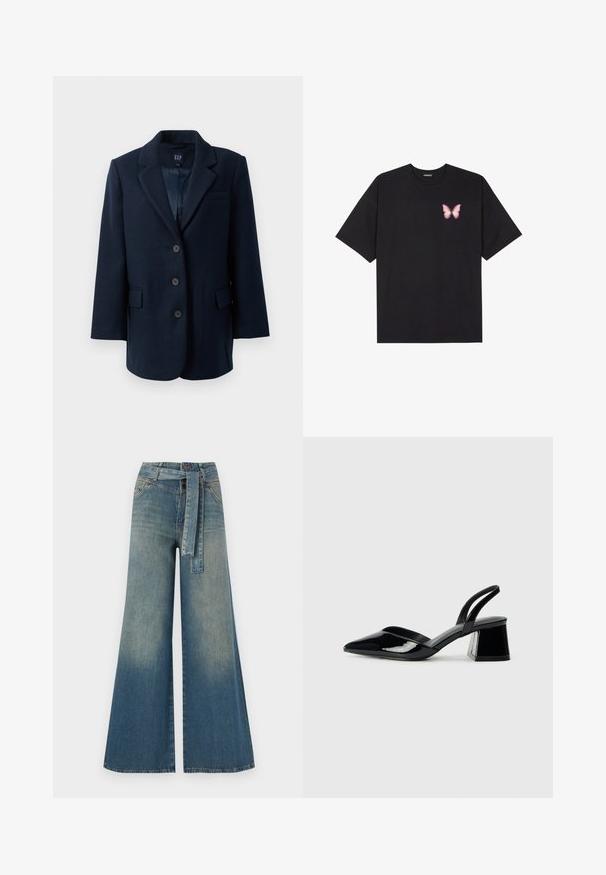 Tumši zila vienrindas žakete ar līdzenām iekams, trim pogām, divām kabatām ar atloku un vienu krūts kabatu, iekšā oderēta.; Melna kokvilnas T-krekls ar īsām piedurknēm, kuram priekšā kreisajā pusē ir neliels rozā tauriņa grafiskais attēls. Ar apaļu kaklu un brīvā stila piegriezumu.; Platām kājām džinsu bikses ar gaismas līdz tumši zilam gradientam, augstu jostas līniju, jostas cilpām un atbilstošu auduma jostu. Tekstūrēts džinsas apdare.; Melna lakota āda ar atvērto papēdi, ar smailu purngalu un ģeometrisku blokpapēdi. Iezīmējas elegants, minimāls dizains un gluda tekstūra.