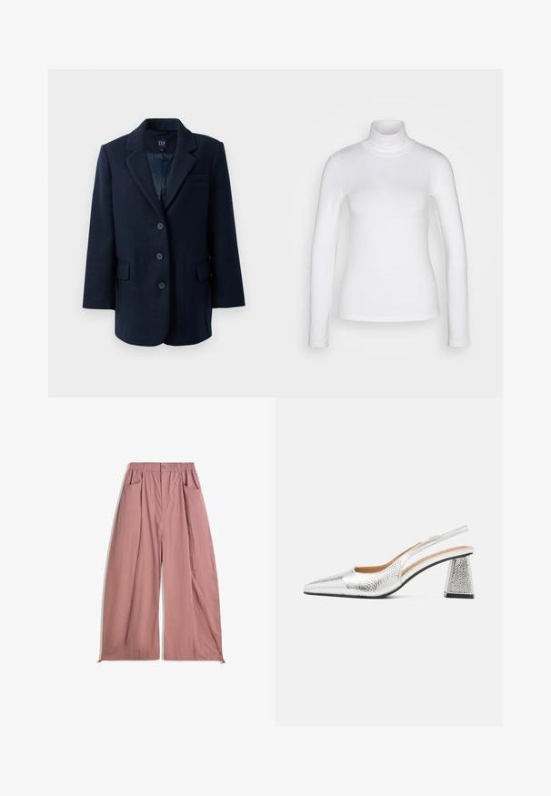 Mornaričasto plavi sako s jednim kopčanjem, reverima s usjekom, tri dugmeta, dva džepa s preklopom i jednim džepom za grudi, podstavljen iznutra.; Bijela majica s dugim rukavima i visokim vratom od glatkog, rastezljivog materijala. Ima uski kroj i visoki ovratnik. Nema vidljivih uzoraka ili detalja.; Labave široke hlače visokog struka od mekog ružičastog materijala. Imaju elastičan pojas, dva bočna džepa i glatku, teksturiranu završnicu.; Srebrni slingback cipelama s šiljatim prstima, teksturalnim metalik završetkom i trokutastom blok petom. Unutrašnjost sadrži smeđe kožne detalje.