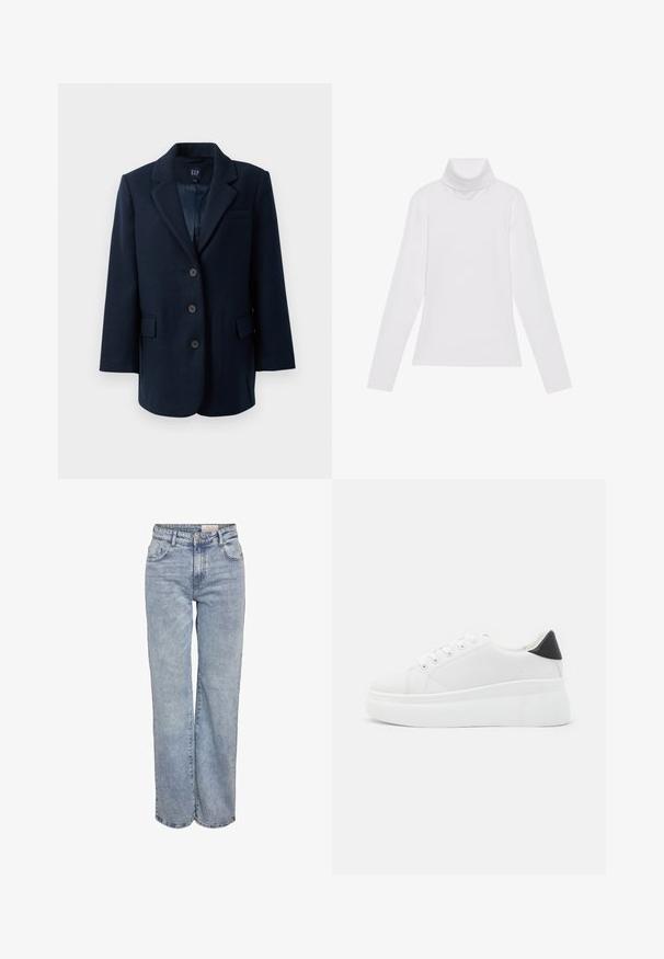 Námornícky modrý jednoradový blejzer s výstrihom do V, tromi gombíkmi, dvoma vreckami so záklopkami a jedným náprsním vreckom, podšitý vo vnútri.; Biely dlhý rukáv v štýle roláka vyrobený z hladkej, elastickej tkaniny. Má vysoký golier a priliehavý strih, bez viditeľných vzorov alebo ozdôb.; Svetlomodré široké džínsy vyrobené z denimu, s vysokým pásom, päťvreckovým dizajnom a jemným vyblednutím pre opotrebovaný vzhľad.; Biele platformové tenisky vyrobené z hladkého syntetického materiálu, so zaoblenou špičkou, šnurovacím dizajnom a textúrovanou gumovou podrážkou. Čierny akcent na päte.