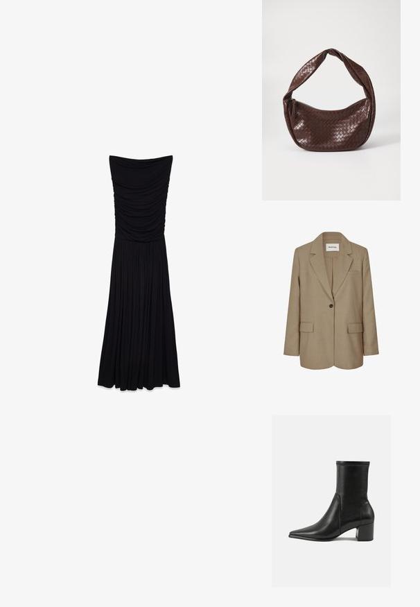 Bežs žakets ar iedzimtu apkakli, vienu pogu, divām priekšējām kabatām un teksturētu audumu. Etiķete redzama iekšpusē apkaklī.; Melna, bezsiksni maxi kleita ar savelkošu tekstūru pie krūšu daļas un plūstošu, krokotā svārku. Izgatavota no gludas, elastīgas auduma.; Melnas potītes zābaki, kas izgatavoti no gludas ādas, ar smailu purngalu, blokveida papēdi un izteiktu paceltu šuvumu augšējā malā.; Brūna austa ādas soma ar izliekta, mezglota rokturi un ar rāvējslēdzēju aizdari. Gluda tekstūra un noapaļota forma.