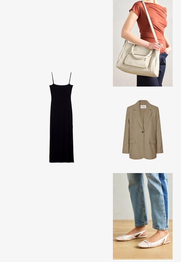 Bež sako z izrezanim ovratnikom, enojnim gumbom na zapiranju, dvema sprednjima žepoma in teksturirano tkanino. Oznaka vidna znotraj ovratnika.; Črna brezrokavna obleka s pravokotno silhueto, izdelana iz mehke tkanine. Ima tanke spageti naramnice in je dolga do tal.; Svijetloružičaste slingback balerinke s šiljastim nožnim prstima, napravljene od glatkog materijala nalik koži. Imaju izrezane detalje sa strane i ravne pete.; Bela usnjena torba z dvema ročkama in odstranljivo naramnico, ki ima sprednji žep na zadrgo in gladko teksturo. Nositi jo na osebi na roki.