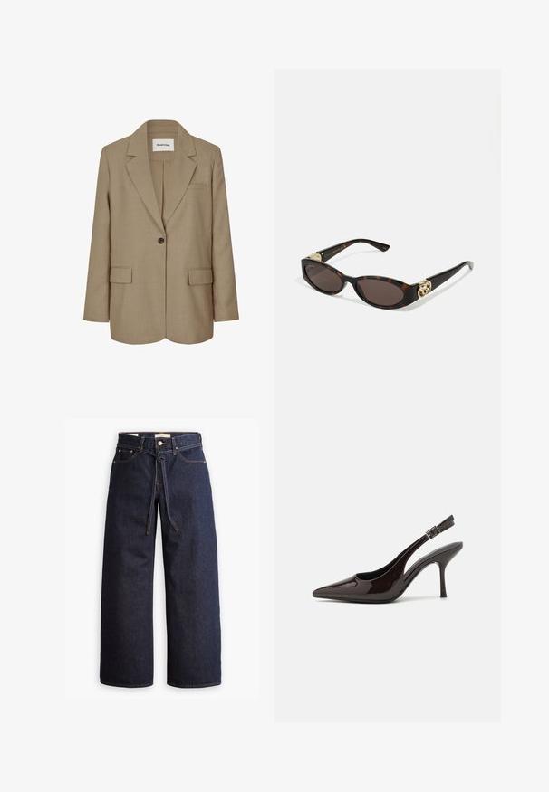 Blazer beige avec un col à revers, fermeture à un bouton, deux poches à l'avant et un tissu texturé. Étiquette visible à l'intérieur du col.; Chemise noire à manches longues en tissu mélangé coton, avec un col rond et une coupe ajustée, sans motifs ni graphiques visibles.; Jeans en denim bleu foncé à jambes larges, avec une taille haute, dotés d'un lien à cordon, de cinq poches et de détails de couture contrastants.; Soulier à talons hauts type slingback en cuir verni marron foncé brillant, à bout pointu, côtés ouverts et bride de cheville réglable.; Lunettes de soleil en écaille, avec des verres ovales allongés, teinte marron, accents de logo doré sur les branches et montures noires élégantes.; Sac à main bordeaux avec une silhouette incurvée et une courte bandoulière, dotée d'une fermeture éclair dorée et d'un logo Calvin Klein discret à l'avant.