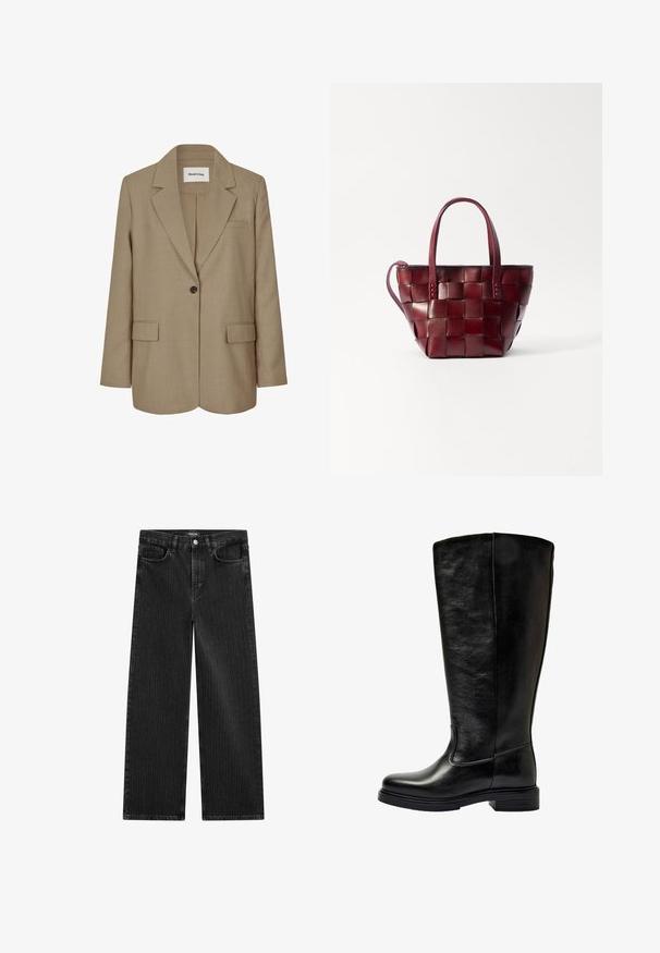 Blazer beige con colletto a scollatura, chiusura a un bottone, due tasche frontali e tessuto testurizzato. Etichetta visibile all'interno del colletto.; T-shirt nero a maniche corte realizzato in cotone. Presenta un collo a giro e una vestibilità comoda. L'etichetta riporta la scritta "WEEKDAY" sul colletto.; Jeans in denim nero a gamba larga con un sottile motivo a righe verticali, dotati di cinque tasche e una chiusura a bottone classica in vita.; Stivale alto in pelle nera fino al ginocchio con tacco basso a blocco e punta rotonda, esposto su uno sfondo bianco.; Borsa a tote in pelle borgogna intrecciata con due manici corti e una tracolla rimovibile. Presenta una forma strutturata e una texture liscia.