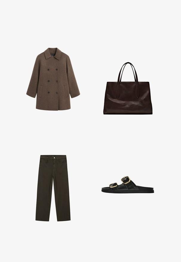 Brązowy dwurzędowy płaszcz wykonany z fakturowanej wełny, z kołnierzem, czterema czarnymi guzikami i dwiema bocznymi kieszeniami.; Ciemnobrązowy sweter z długim rękawem i okrągłym dekoltem, o lekko skróconym kroju i prostym, bezszwowym designie.; Ciemnozielone spodnie dżinsowe typu wide-leg wykonane z mieszanki bawełny, z zamkiem na guzik z przodu, pięcioma kieszeniami i klasycznym przeszyciem dżinsowym.; Czarne klapki z dwoma złotymi klamrami, gładki materiał, płaska podeszwa i minimalistyczny design.; Massimo Dutti - Torebka