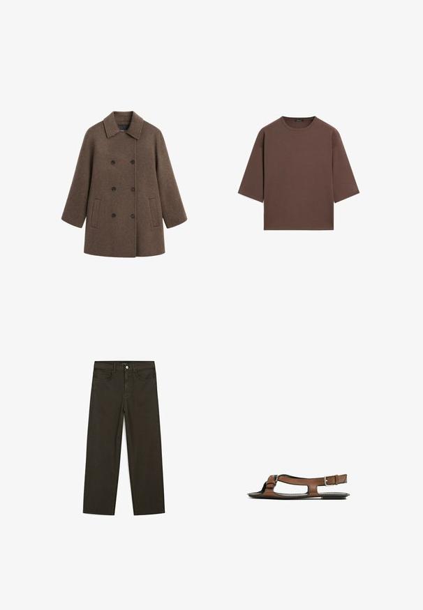 Brązowy dwurzędowy płaszcz wykonany z fakturowanej wełny, z kołnierzem, czterema czarnymi guzikami i dwiema bocznymi kieszeniami.; Brązowy, krótki t-shirt z okrągłym dekoltem, krótkimi rękawami i miękką fakturą. Zaprojektowany w luźnym kroju z minimalnymi detalami.; Ciemnozielone spodnie dżinsowe typu wide-leg wykonane z mieszanki bawełny, z zamkiem na guzik z przodu, pięcioma kieszeniami i klasycznym przeszyciem dżinsowym.; Brązowe skórzane sandały z otwartym palcem i wycięciami po bokach. Posiadają pasek na kostkę z metalową klamrą oraz płaską podeszwę.