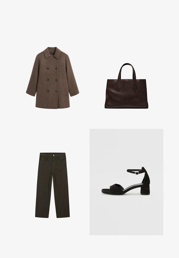 Brown double-breasted coat made of textured wool, featuring a collar, four black buttons, and two side pockets.; Dark brown short-sleeve t-shirt made of cotton. Features a round neckline and a relaxed fit, with no visible patterns or accents.; Dark green wide-leg jeans made of cotton blend, featuring a front button closure, five pockets, and classic denim stitching.; Black suede heeled sandals with a thin ankle strap, open toe design, and a modest block heel. Smooth texture and minimal accents.; Brown leather tote bag with two elongated handles, structured rectangular shape, smooth texture, and subtle stitching details.