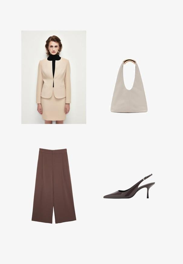 Beżowa marynarka o dopasowanym kroju z okrągłym dekoltem, wyraźnie zbudowanymi ramionami oraz dopasowaną spódnicą do kolan, noszona na czarnym golfie.; Czarna szara bluzka z krótkim rękawem i dekoltem w kształcie łódki. Wykonana z prążkowanej tkaniny, ma luźny krój i czyste wykończenie. Prosty design, bez wzorów.; Brązowe spodnie o szerokich nogawkach z gładką fakturą, z wysokim stanem i plisami z przodu. Materiał jest lekki i luźno opada.; Czółenka na obcasie w kolorze ciemnobrązowym z lakierowanej skóry, z wąskim wysokim obcasem i regulowanym paskiem na kostce z klamrą.; Jasnoszara skórzana torba o kształcie litery U z zakrzywionym metalowym uchwytem. Gładka tekstura z minimalnymi szwami i bez widocznych wzorów.