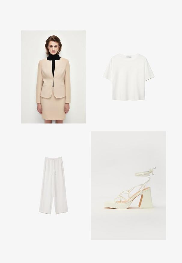 Béžový přiléhavý blejzr s kulatým výstřihem, strukturovanými rameny a odpovídajícími sukněmi ke kolenům, vrstvený přes černý rolák.; Bílý krátký rukáv tričko vyrobené z bavlny. Má kulatý výstřih a volný střih. Hladký materiál bez viditelných vzorů nebo akcentů.; Bílé široké kalhoty vyrobené z lehké tkaniny. Mají elastický pas se šňůrkou a boční kapsy. Hladká textura.; Bílé sandály na vysokém podpatku s robustním podpatkem, s designem s pásky a zavazováním kolem kotníku. Hladký povrch s platformou vpředu pro zvýšení výšky.