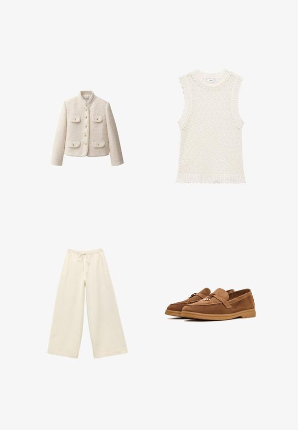 Giacca in crema dalla trama testurizzata con colletto alto, bottoni dorati e due tasche frontali. Caratterizzata da una vestibilità cropped e un design strutturato.; Top senza maniche in maglia color avorio con un design a trama aperta e testurizzata. I bordi scallopati nei fori delle braccia e all'orlo inferiore aggiungono dettagli.; Pantaloni larghi di colore crema con cintura elastica e cordoncino. Texture liscia, lunghezza al ginocchio, con una vestibilità ampia e senza motivi visibili.; Mocassini in suede marrone con suola piatta, caratterizzati da un fiocco decorativo e dettagli di cucitura discreti. Design a punta arrotondata.