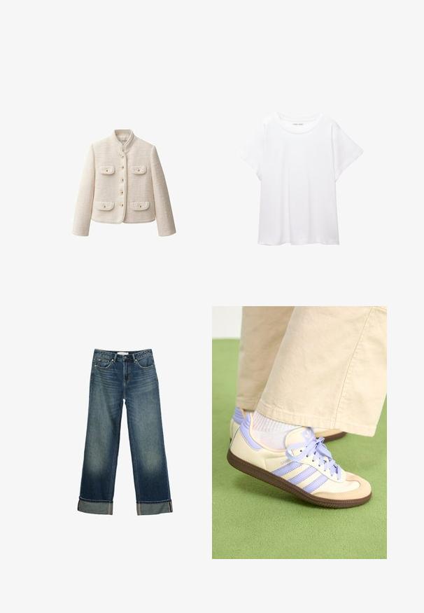 Kremasta jakna teksture s visokim ovratnikom, zlatnim dugmadi i dva prednja džepa. Ima skraćeni kroj i strukturirani dizajn.; Bijela majica od mekane, lagane tkanine. Ima okrugli izrez i kratke, široke rukave s ležernim krojem. Bez vidljivih uzoraka.; Široke plave traperice s izblijedjelim izgledom, dizajnom s pet džepova i preklopljenim završecima s kontrastnim šavovima. Glatka tekstura.; Kremasto-ljubičaste tenisice s tri pruge i strukturiranim smeškim potplatom, s vezicama i podstavljenim petom. Mekana gornja tkanina.