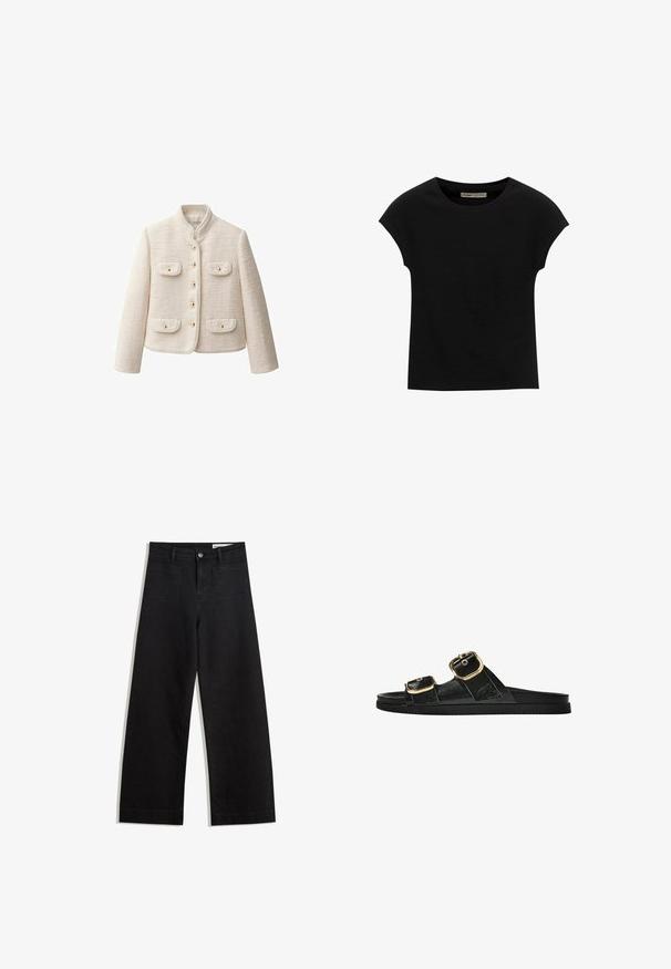 Krema teksturirana jakna z visokim ovratnikom, zlatimi gumbi in dvema sprednjima žepoma. Ima krojeno prileganje in strukturirano zasnovo.; Črna kratka majica s kratkimi rokavi, narejena iz mehke tkanine, z okroglim izrezom in sproščenim krojem, z gladko teksturo in brez vzorcev.; Črne široke denim hlače z visokim pasom, ki imajo sprednje in zadnje žepe, šivane šive ter gumbasto zapiranje. Gladka tekstura.; Črne drsne sandale z dvema zlatima zaponkama, gladkega materiala, ravnim podplatom in minimalističnim dizajnom.