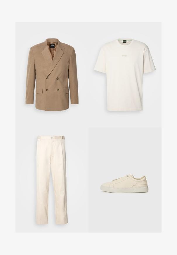 Dubbelknäppt beige blazer i mjukt tyg, med slagkragar, två framfickor och knappar i guldfärg.; BOSS TEE - T-shirt - bas - open white; Beiga bomullbyxor med rak benform, utrustade med knappstängning och veck framtill för extra detalj.; Beige lädersneaker med rund tå, minimalistisk design, subtila stygndetaljer och en texturerad ovandel, på en ljus sula.