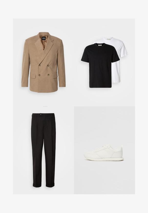 Doubltīrains bēžs bleizeris, kas izgatavots no mīksta auduma, ar atlocītām apkaklēm, divām priekšējām kabatām un zelta krāsas pogām.; Divas vienkāršas kokvilnas T-kreklus, viens melns novietots priekšā baltam, abiem īsām piedurknēm un apaļām izgriezēm.; Melnas bikses ar gludu tekstūru, diviem priekšējiem kabatām, taisnas griezuma un ar vienu pogu vidukļa daļā.; Baltie sporta apavi ar mežģīņu un sintētisko augšdaļu, apaļu purngalu, plakanu mežģīņu un teksturētu sānu joslu. Gumijas zole ar cilpu aizmugurē.