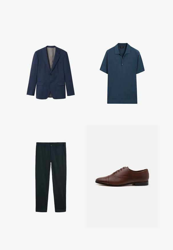 Marinblå kostymjacka i texturerat tyg, med naturkollapsa, två knappar, två framfickor och en ljus innerfoder.; Mörkblå kortärmad polo tröja gjord av ett strukturerat tyg, med en platt krage och plaggknäppning med tre knappar, samt ribbad nederkant.; Mörk marinblå chinos i en bomullsmix, med flat front, två sidfickor och en bakficka. Klassisk rak bendesign.; Brun lädersko med snörning och en slät yta, spetsig tå och en låg svart klack. Har en diskret sömdetalj över ovandelen.