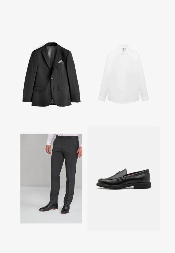 Giacca nera in tessuto lucido. Presenta rever a portafoglio, due tasche frontali e un interno foderato in satin con un fazzoletto da taschino.; Camicia bianca a maniche lunghe realizzata in tessuto liscio, con colletto classico, chiusura frontale a bottoni e orlo curvo. Design minimalista senza motivi.; Pantaloni grigi su misura con una texture liscia, dotati di una parte frontale piatta e passanti per cintura, abbinati a scarpe eleganti nere.; Mocassini sintetici neri con una spessa cucitura frontale, soletta imbottita e suola piatta in gomma; design elegante con dettagli minimi.