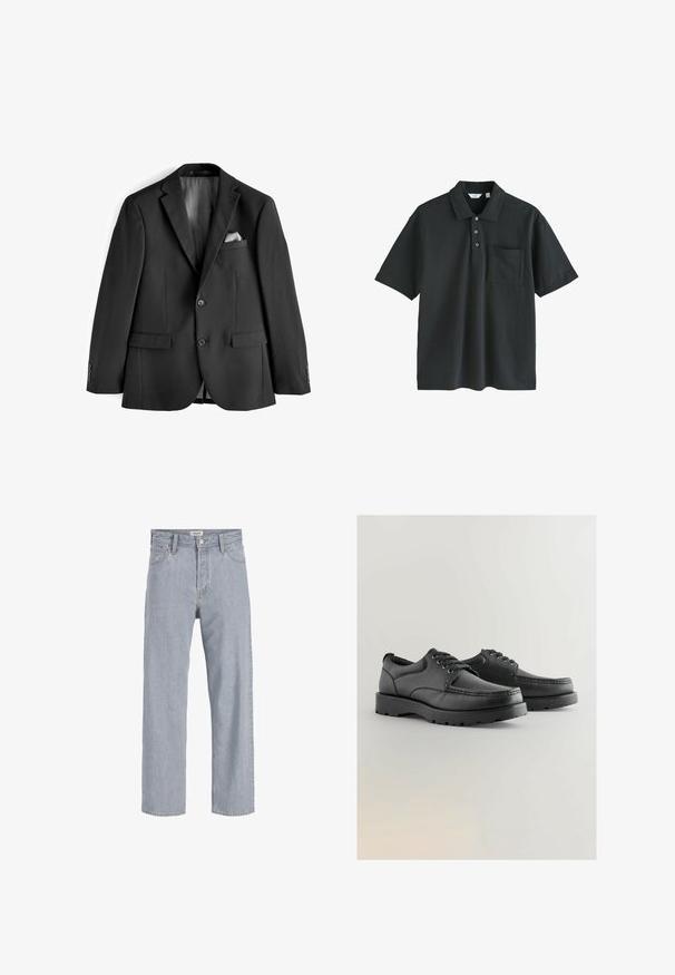 Čierna sako vyrobené z hladkej tkaniny. Má klasické klopy, dve predné vrecká a saténovú podšívku s vreckovým štvorcom.; Čierne polo tričko z bavlny, s golierom, trojitou gombíkovou lištou, krátkymi rukávmi a náprsné vrecko.; Svetlomodré džínsy s uvoľneným strihom, rovný strih nohavíc, viditeľné stehy, dve predné vrecká a zapínanie na gombík.; Čierne kožené topánky s textúrovaným zvrškom, okrúhlou špičkou, šnurovacími topánkami a hrubými gumovými podrážkami s dezénom.