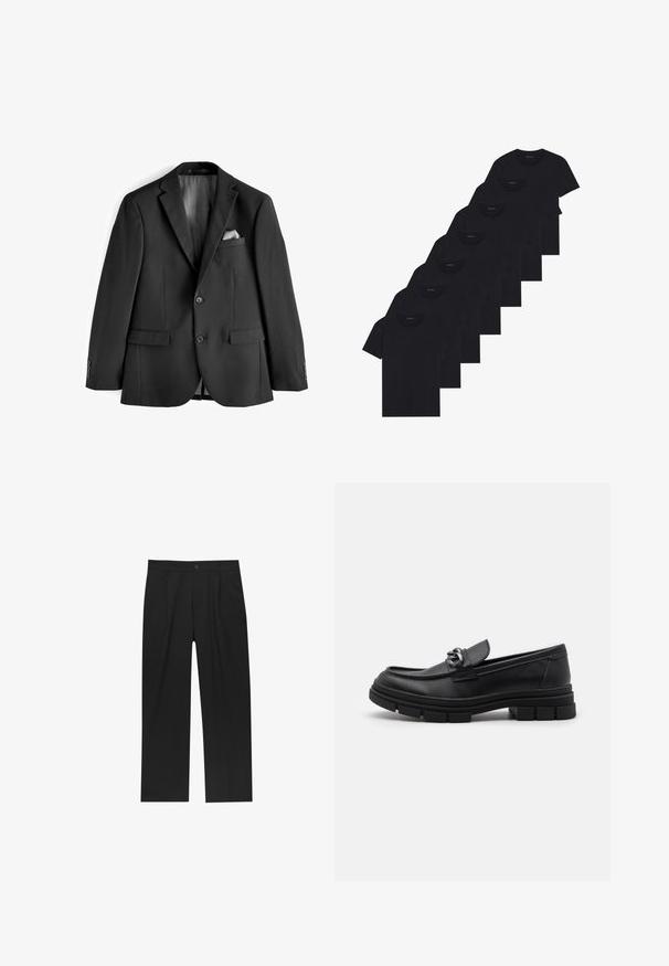 Giacca nera in tessuto lucido. Presenta rever a portafoglio, due tasche frontali e un interno foderato in satin con un fazzoletto da taschino.; Set di otto t-shirt nere in cotone con maniche corte e collo a giro, caratterizzate da un design semplice e una texture morbida.; Pantaloni neri con un design a gamba dritta, realizzati in un tessuto liscio. Presentano pieghe frontali e una chiusura a un bottone in vita.; Mocassino in pelle nera con punta arrotondata, una fascia decorativa e accessori in metallo, e una suola spessa e testurizzata. Finitura liscia con dettagli sottili.