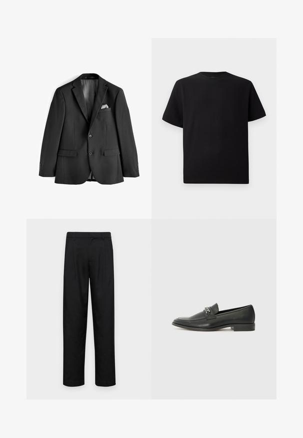 Schwarze Anzugjacke aus glattem Stoff. Sie hat eine gekerbte Rever, zwei Vorderaschen und ein mit Satin gefüttertes Innenfutter mit einem Einstecktuch.; Schwarzes Kurzarm-T-Shirt aus strukturiertem Stoff, mit einem Rundhalsausschnitt und einer lockeren Passform. Einfach, ohne Muster oder Akzente.; Schwarze Hose aus glattem Stoff, mit geradem Bein Design, zwei vorderen Falten und einem Standardbund mit Gürtelschlaufen.; Schwarzer Lederloafer mit glatter Oberfläche, ausgestattet mit einer gesteppten Gestaltung und einem dekorativen Metallkettendetail über dem Vorderblatt. Flacher Absatz.