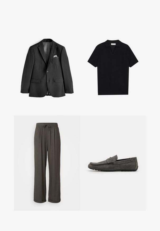 Fekete zakó sima anyagból. Bevarrott hajtókával, két elülső zsebbel és selyem bélésű belső résszel rendelkezik, zsebkendővel.; Fekete, rövid ujjú pólóing texturált, bordázott anyagból, v-nyakkivágással és egyenes aljjal. Nincsenek látható logók vagy minták.; Sötétszürke, bővülő lábú nadrág, zsinóros derekú, puha, texturált anyagból készült, és a bokáknál felgöngyölített ujjak jellemzik.; Szürke velúr loafer, lekerekített orral, varrott részletezéssel és lapos gumitalppal. A cipő sima textúrával rendelkezik, és elöl egy csatt kiegészítő található.