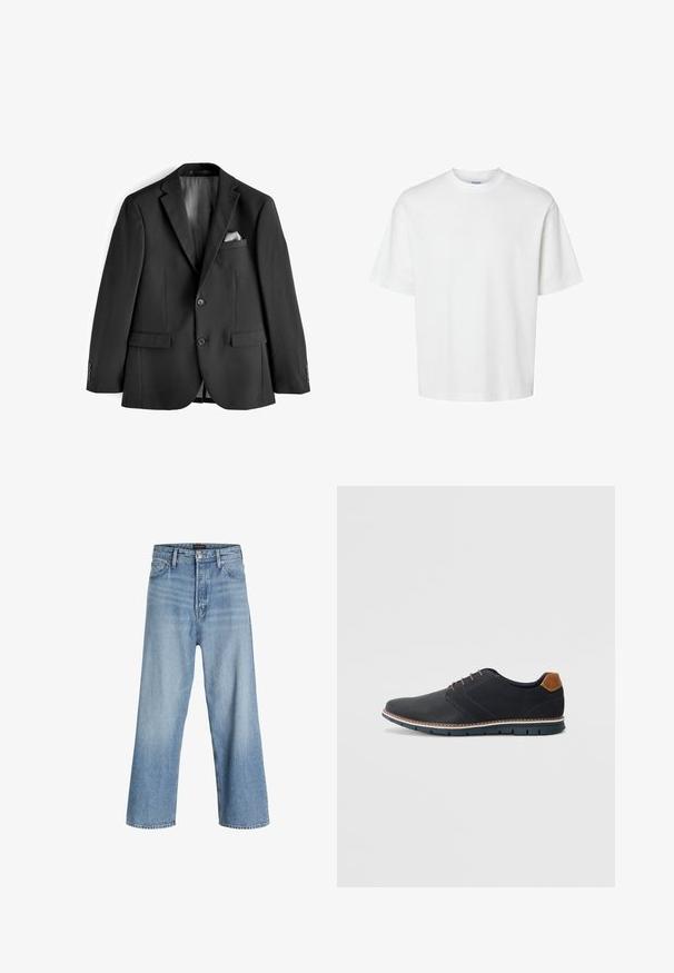 Črn suknjič iz gladkega blaga. Ima zareznjene reverje, dve sprednji žepu ter notranjost podloženo s satenom z manšetnim robcem.; Bela bombažna majica s kratkimi rokavi, okroglo izrezana in udobnega kroja. Gladka tekstura brez vidnih vzorcev ali dekoracij.; Svijetloplave traperice širokih nogavica od denima, s visokim strukom, klasičnim dizajnom s pet džepova te kopčanjem na gumbe s patentnim zatvaračem.; Črne sintetične čevlje z teksturirano zgornjščino, gladkimi akcenti, rjavim petnim delom in kontrastnim podplatom. Imajo minimalno vezanje in detajle šivanja.