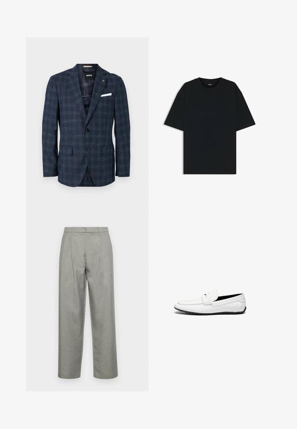 Marinblå blazer med rutigt mönster, tillverkad av textil med struktur. Har två framfickor, enkel knappknäppning och en vit ficknäsklaff.; Svart bomullströja med rund hals och korta ärmar. Har en lös passform och en enkel design utan mönster eller accenter.; Grå skräddarsydda byxor i texturerat tyg, med rak linje, framfickor och en standard midja med bälteshällor.; Vita läderloafers med en slät finish, med en stickad detalj, rund tå och en svart gummisula för grepp.