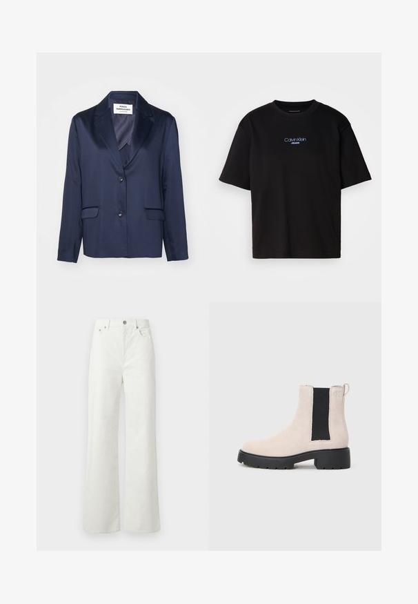 Tengerész blézer sima anyagból, amelynek hajtókája van, egy gombos záródása és két elülső zsebe. Egyszerű, letisztult dizájnnal rendelkezik.; Fekete pamut póló kerek nyakkal, rövid ujjú, elöl kék hímzett "Calvin Klein JEANS" logóval.; Samsøe Samsøe SHELLY - Laza szabású farmerek - clear cream; Beige velúr Chelsea csizma fekete elasztikus oldalsó panellel, tömzsi fekete talppal és fülekkel a bokánál.