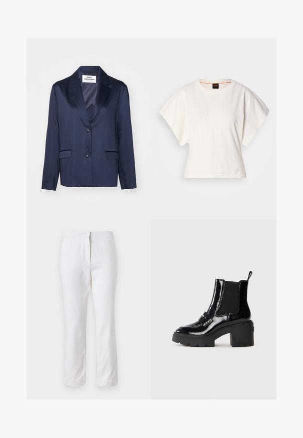 Blazer navy in tessuto morbido con rever a becco, chiusura a un bottone e due tasche frontali. Presenta un design semplice e lineare.; T-shirt bianca cropped, maniche corte e larghe, tessuto di cotone morbido, scollatura rotonda con bordino arancione sottile, design minimale, senza motivi o grafiche.; Pantaloni bianchi in cotone con design a gamba dritta, caratterizzati da una vita a media altezza e senza hardware o motivi visibili. Tessuto liscio su tutta la superficie.; Stivale alla caviglia in vernice nera con tacco spesso, pannelli laterali elasticizzati, fascia decorativa e cuciture a contrasto. Texture liscia con una finitura lucida.