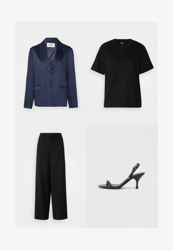 Sacou bleumarin dintr-un material neted, cu rever în formă de încuietoare, închidere cu un singur nasture și două buzunare frontale. Prezentă un design simplu și aerisit.; T-shirt negru din bumbac, cu guler rotund, mâneci scurte și un logo brodat pe piept. Design simplu, cu o croială relaxată și fără modele.; Pantaloni negri cu picioare lărgi, confecționați dintr-un material neted, cu un design frontal plat, detalii pliate și bucle pentru curea la talie.; Sandale cu toc înalt din piele neagră, cu un toc subțire și curbat și un design cu curea încrucișată. Curea la gleznă ajustabilă. Textură netedă.