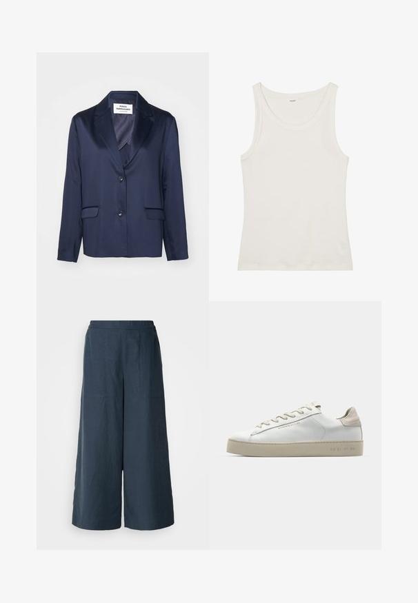 Navy blazer made of smooth fabric with a notch lapel, single-button closure, and two front pockets. Features a simple, streamlined design.; White cotton tank top with a wide neckline and thin shoulder straps. Smooth texture with no visible patterns or embellishments.; Wide-leg trousers in navy blue, made from lightweight fabric. Features a slightly textured surface, elastic waistband, and front seams.; White leather sneaker with a smooth finish, beige suede accents, round toe, flat lace-up design, and a textured rubber sole.