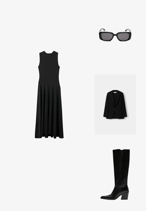 Musta bleiseri, joka on valmistettu sileästä kankaasta. Sisältää yksittäisen nappisuljin, viistetyt kaulukset ja kaksi etutaskua tasaisilla saumoilla.; Musta hihaton maxi-mekko, jossa on tiukka yläosa ja levenevä helma. Mekossa on sileä pinta ja minimalistinen muotoilu ilman näkyviä kiinnityksiä.; Mustat polvimittaiset saappaat, jotka on valmistettu sileästä nahasta. Saappaissa on terävä kärki, tukevat korko ja V-muotoinen leikkaus ylhäällä.; Mustat suorakulmaiset aurinkolasit tummilla linsseillä, sileä muovikehys ja kaarevat templet. Suunnittelu on jykevä ja minimalistinen.