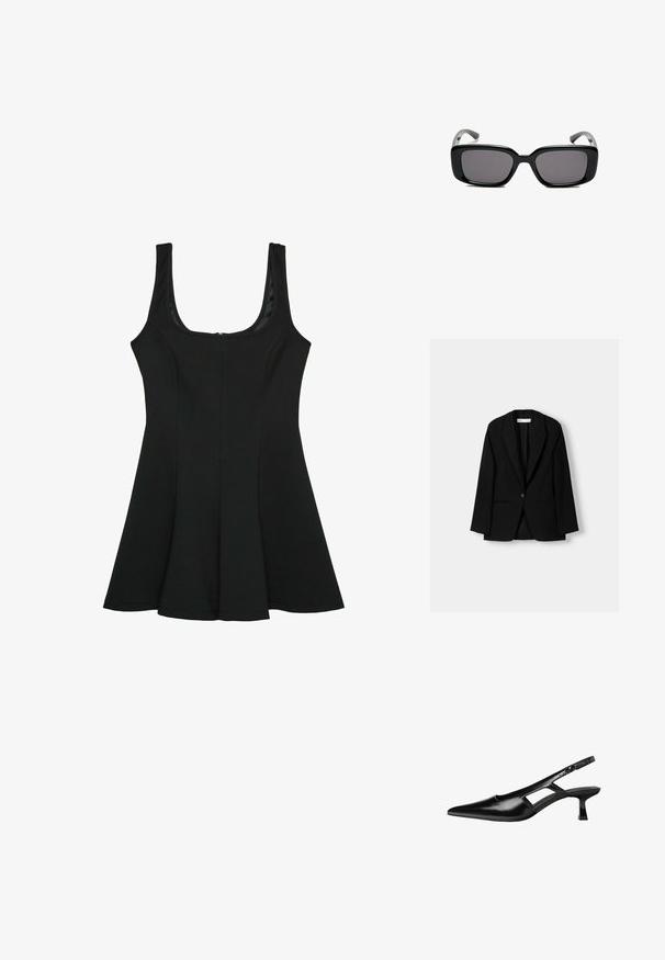 Črn blazer iz gladkega blaga. Ima zapiranje na en gumb, zareznene reverje in dva sprednja žepa z ravnimi šivi.; Črna brezrokavna obleka s krožnim izrezom. Sproščen A-linijski kroj, narejena iz gladkega materiala, z skritim zadrgo na hrbtni strani.; Črne patentični usnjeni salonarji s slingback designom, z zašiljenim nosom, izrezanim stranskim dizajnom in majhnim kvadratnim peto. Gladka tekstura z minimalnimi detajli.; Črne pravokotne sončne očala z temnimi lečami, gladkim plastičnim okvirjem in ukrivljenimi nogicami. Oblika je robustna in minimalistična.; Črna lakasta usnjena torbica s ukrivljeno obliko, enim ramenskim trakom, sprednjimi žepi in srebrnimi kovinskimi dodatki.