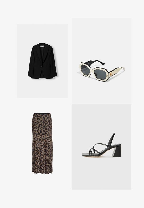 Sort blazer lavet af et glat stof. Har en enkel knaplukning, klippede reverser og to for- lommer med flade sømme.; Sort kortærmet t-shirt lavet af blødt stof. Har en klassisk rund halsudskæring og en afslappet pasform. Ingen mønstre eller accenter synlige.; Leopardprint nederdel i brune og sorte nuancer, med et flydende design og en subtil flæsekant, fremstillet af et let og blødt stof.; Sorte hælede sandaler med firkantet tå, der har flere tynde stropper og en geometrisk blokhæl. Glat lædertekstur og minimalistisk design.; Solsikker med en oktagonal hvid ramme, sorte kanter og grå linser. Det gyldne logo på siden tilføjer et karakterfuldt accent.