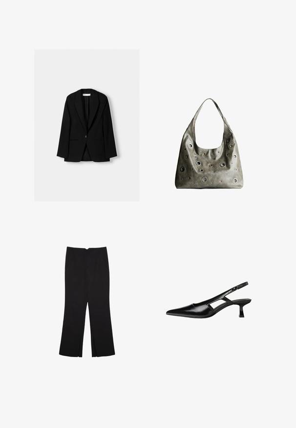 Črn blazer iz gladkega blaga. Ima zapiranje na en gumb, zareznene reverje in dva sprednja žepa z ravnimi šivi.; Črna dolgi rokavi prerezana majica s krožnim izrezom, enostaven dizajn in rahlo ukrivljen rob.; Črne hlače ravnega kroja z naglavnimi žepi in stranskimi razporki na robu. Narejene iz mehke, gladke tkanine. Primerne za različne priložnosti.; Črne patentični usnjeni salonarji s slingback designom, z zašiljenim nosom, izrezanim stranskim dizajnom in majhnim kvadratnim peto. Gladka tekstura z minimalnimi detajli.; Olivnozeleni usnjeni ročni torbici z ohlapno obliko, ki ima različne velikosti okroglih izrezov in poudarke v temnejših in svetlejših odtenkih.