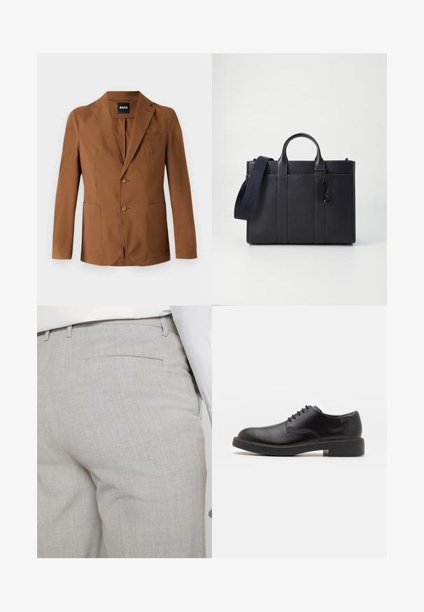 Brūna žakete, kas izgatavota no gludas auduma, ar iegrieztiem uzvalka pētītājiem, diviem priekšējiem kabatām, divām pogām un vienu krūšu kabatu.; Melnā augstā kakla džemperis, kas izgatavots no mīksta materiāla, ar garām piedurknēm un pieguļušu piegriezumu. Ribota apdare ap apakšu un piedurknēm. Vienkāršs dizains.; Gaiši pelēkas pielāgotas bikses no teksturēta auduma, ar vienu aizmugurējo kabatu un tīru šuvju apdari.; Melna āda sašūta kurpe ar noapaļotu purngalu, gludu tekstūru, minimālu šuvju skaitu un zemu gumijas papēdi. Logo uz papēža.; Tumši jūras zila ādas portfelis ar divām augšējām rokturiem un noņemamu siksnu. Ar teksturētu apdari, vertikālām šuvēm un logo detaļu.