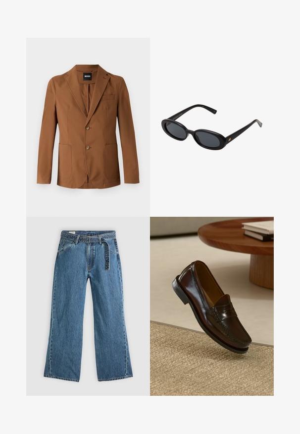 Pruun bleiser sileda kangaga, millel on lõigatud krae, kaks esist taskut, kaks nööpi ja üks rinna-tasku.; Riba-särk helesinises ja valges, nööpidega mudel, pikkade varrukatega ning rinnatasku, kus on tikandiga logo. Puuvillane kangas.; Sinine denimist laienevate jalgadega teksad, millel on kinnitatud vöö, ees taskud ja nähtav õmblemine helesinise tausta peal.; Pruunist nahast loafersid, millel on läikiv viimistlus, esiosas tikand ning madala profiiliga must kummitald.; Mustad mustad prillid ovaalsete läätsedega, sujuvast plastmassraamist ja kuldsete aktsentidega tempel. Tumedaid läätsi, mis pakuvad päikese kaitset.; Musta messengeri kott, mis on valmistatud tekstuuriga kangast, millel on tõmblukk, reguleeritav rihm ja reljeefne logo esipaneelil.