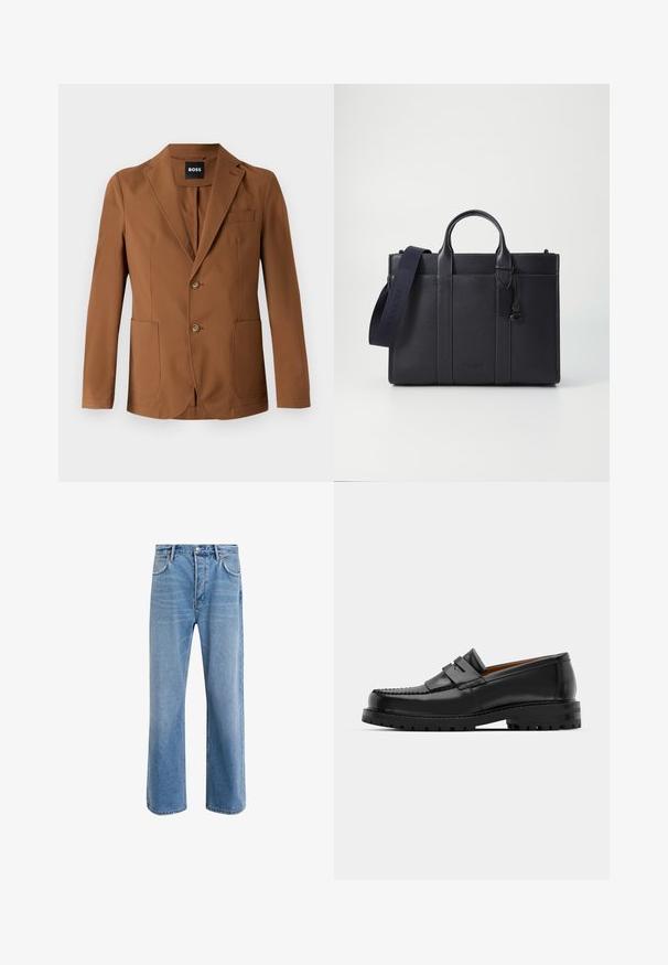 Ruskea bleiseri, joka on valmistettu sileästä kankaasta. Siinä on leikatut läpät, kaksi etupoketta, kaksi nappia ja yksittäinen rintatasku.; Kaksi mustaa puuvillapaitaa lyhyillä hihoilla ja pyöreällä kaula-aukolla. Molemmissa on punainen brändilogo kaula-aukossa. Yksinkertainen, klassinen muotoilu.; Vaaleansiniset farkut suoranlahkeisella muotoilulla, viisi taskua, nappisuljenta, vähäinen kuluminen ja kontrastiväriset ompeluyksityiskohdat.; Mustat nahka loafit sisältävät kohoavan sauman, kaksi koristeellista nauhaa yläosassa ja paksun teksturoidun pohjan parempaa pitoa varten.; Tummansininen nahkainen salkku, jossa on kaksinkertaiset yläkahvat ja irrotettava hihna. Varustettu tekstuuripinnalla, pystysuoralla ompeleella ja logotiedoilla.