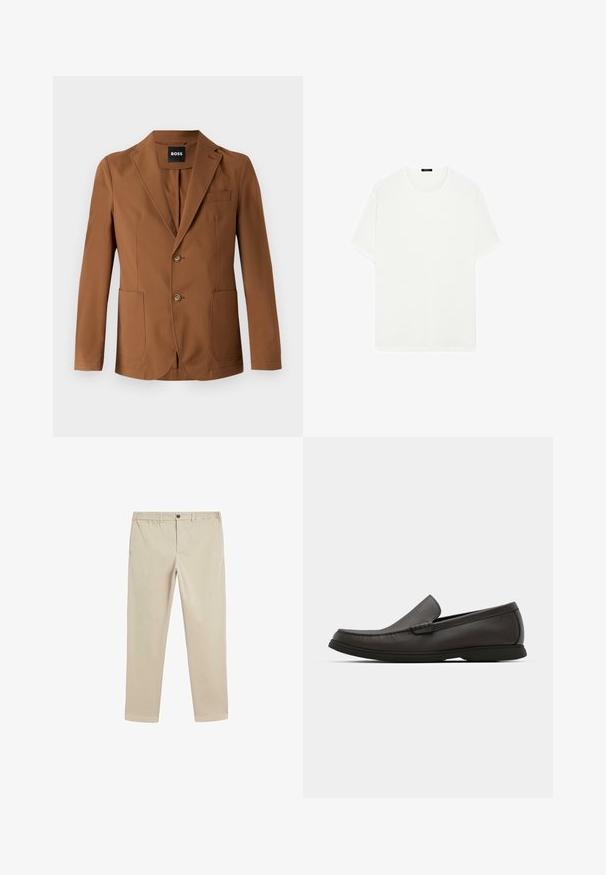 Brązowa marynarka wykonana z gładkiego materiału, z klapami w szpic, dwiema przednimi kieszeniami, dwoma guzikami oraz jedną kieszenią na piersi.; Biała koszulka z krótkim rękawem wykonana z miękkiego materiału. Posiada klasyczny okrągły dekolt i prosty krój, bez widocznych wzorów czy akcentów.; Beżowe bawełniane spodnie z elastycznym paskiem, zapięciem na guzik, prostym krojem nogawki oraz standardowymi kieszeniami po bokach i z tyłu.; Ciemnobrązowe skórzane mokasyny z zaokrąglonym noskiem, delikatnym przeszyciem i niską gumową podeszwą. Gładka faktura z elastycznym dopasowaniem.