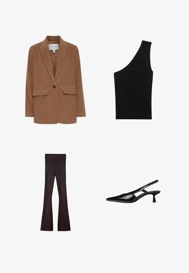 Smeđi kordura sako s izrezanim reverima, dva prednja džepa, zatvaranje na jedan gumb i glatku unutarnju podstavu.; Crna, rebrasta pletena majica s jedinstvenom asimetričnom siluetom i jednim naramenicom. Glatka tekstura, bez vidljivih metalnih dijelova ili uzorka.; Bershka Hlače - dark brown; Crne lakirane natikače na remenčić sa špicastim nosom, dizajnom sa izrezima sa strane i malim kvadratnim potplatom. Glatka tekstura s minimalnim akcentima.