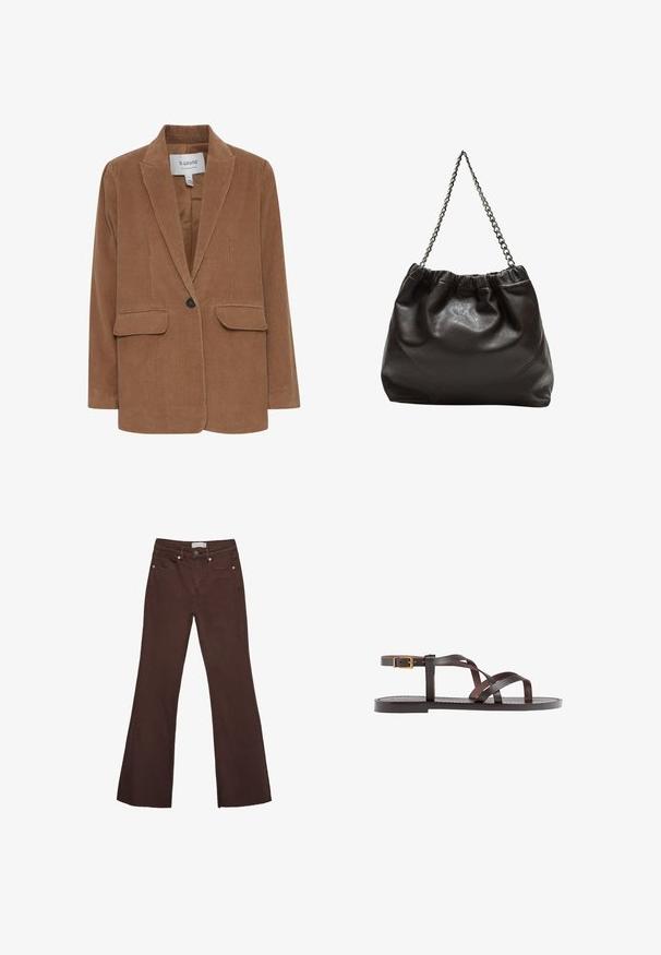 Hnedý kordový blejzer s výstrihom do "V", dvoma prednými vreckami, jedným gombíkovým zapínaním a hladkým vnútorným podšívaním.; Hnedé tričko s krátkym rukávom vyrobené z jemného materiálu, s okrúhlym výstrihom a voľným strihom. Žiadne viditeľné vzory ani akcenty.; Hnedé rozšírené džínsy vyrobené z denimu, s vysokým pásom, dvoma prednými vreckami a medenými doplnkami na páse a otvoroch vreciek.; Hnedé kožené sandály s krížovými popruhmi, uzatváraním na pracku okolo členku a plochou podrážkou s minimálnymi ševmi.; Hnedá kožená taška so zberaným vrchom a reťazovým popruhom. Hladký povrch s lesklým finišom a jemným švom po stranách.