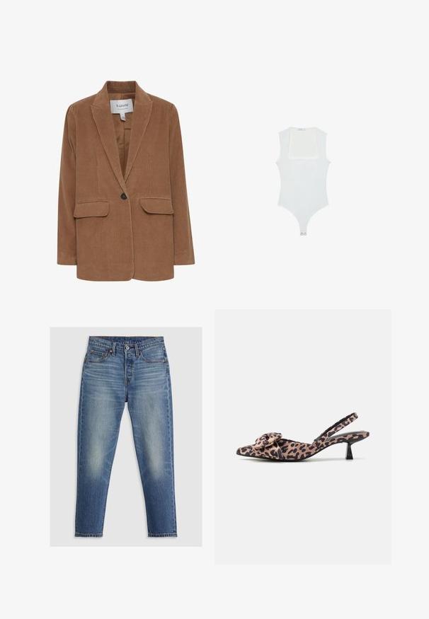 Smeđi kordura sako s izrezanim reverima, dva prednja džepa, zatvaranje na jedan gumb i glatku unutarnju podstavu.; Bijela bodi s kvadratnim izrezom, bez rukava, glatke teksture i kopčanjem na dnu. Jednostavan i minimalistički stil.; Svijetloplavi traperice ravnog kroja, s pet džepova, dugmetom za zatvaranje i suptilnim izblijeđivanjem na bedrom. Vidljivo kontrastno šivanje.; Slingback potpetice s uskim vrhom od tkanine s leopard uzorkom, s naglaskom na mašnu, koje imaju nizak crni potplat i glatku teksturu.